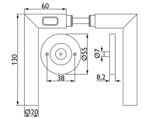 Technische Zeichnung eines Türdrückers mit Maßen