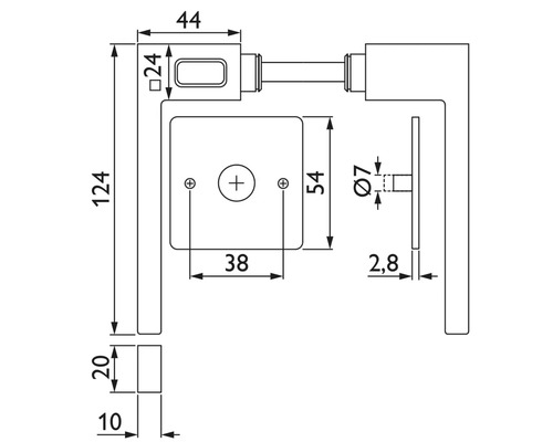 Technische Zeichnung eines Türdrückers mit Maßangaben