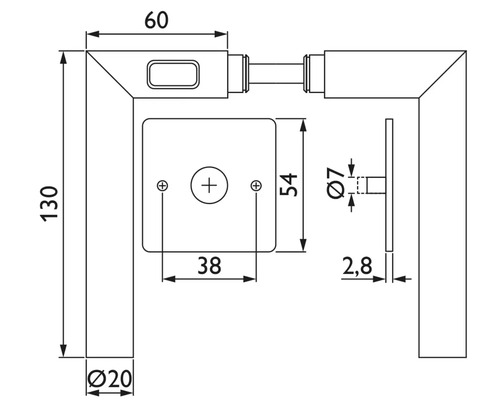 Technische Zeichnung eines Türdrückers mit Maßen