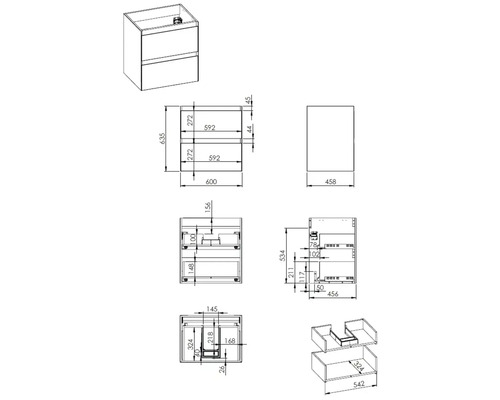 Technische Zeichnung eines Badezimmerunterschranks mit Maßangaben