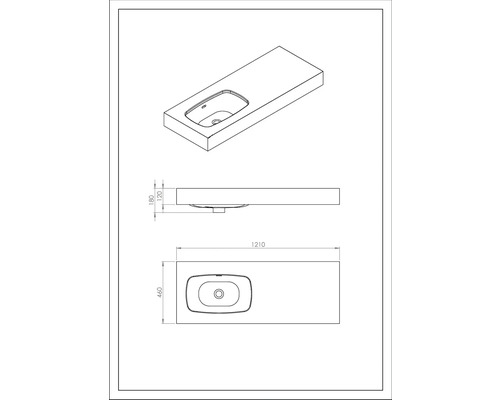 Technische Zeichnung eines Waschtischs mit den Maßen 1210 x 460 Millimeter