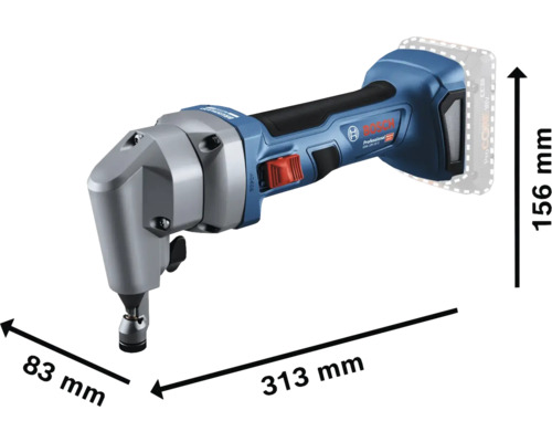 Bosch Akku-Blechknabber mit den Massen 313 mm x 83 mm x 156 mm