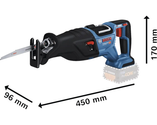 Bosch Säbelsäge mit den Maßen 450 mm Länge, 96 mm Breite und 170 mm Höhe