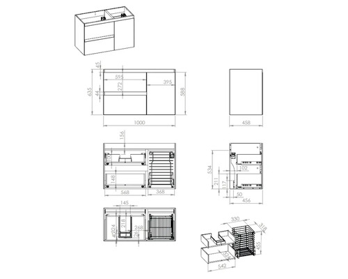 Technische Zeichnung eines Waschtischunterschranks mit Maßen.
