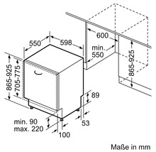 Maße eines Geschirrspülers mit Maßangaben in Millimeter.
