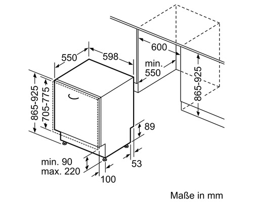 Maße eines Geschirrspülers mit Maßangaben in Millimeter.