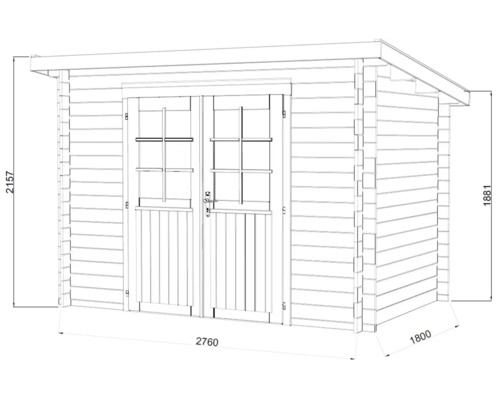 Illustration eines Gartenhauses mit Maßen.