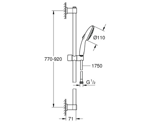 Technische Zeichnung einer Duschstange mit Handbrause und Maßangaben
