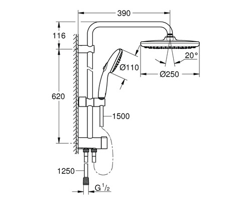 Technische Zeichnung einer Duschgarnitur mit Maßen.