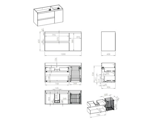Technische Zeichnung eines Waschtischunterschranks mit Maßangaben