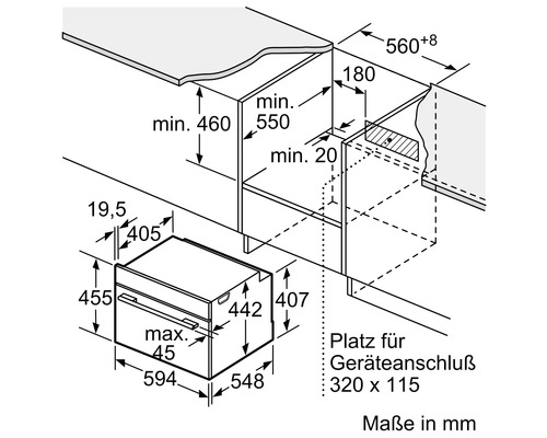 Technische Zeichnung eines Einbaubackofens mit Maßangaben für den Einbau