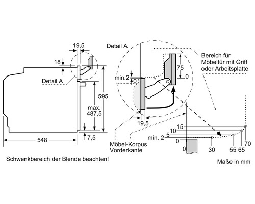 Technische Zeichnung mit Maßangaben für ein Möbelstück