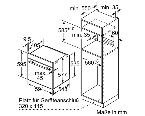 Technische Zeichnung eines Einbaubackofens mit Maßangaben