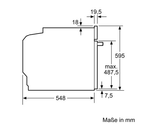 Technische Zeichnung eines Backofens mit Maßangaben in Millimetern