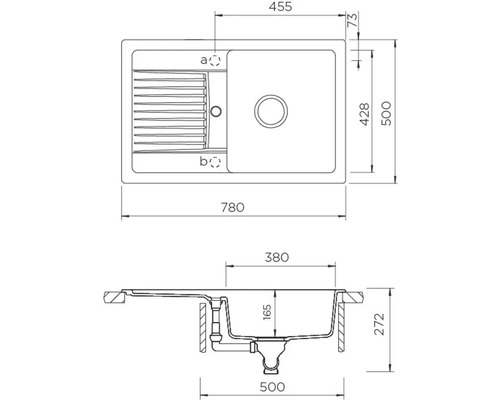 Technische Zeichnung einer Küchenspüle mit Maßen.