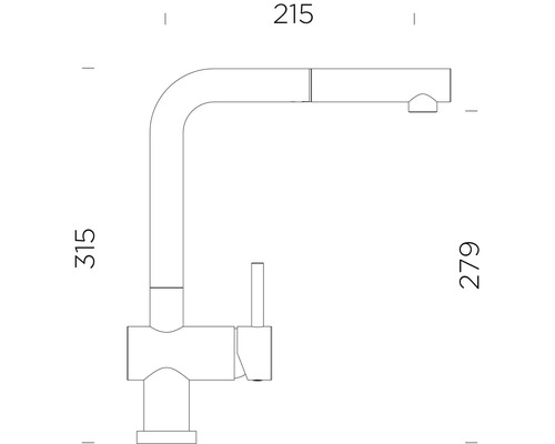 Technische Zeichnung einer Küchenarmatur mit den Maßen 215, 315 und 279.