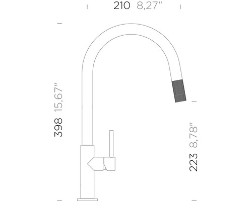 Technische Zeichnung einer Küchenarmatur mit schwenkbarem Auslauf und Maßangaben