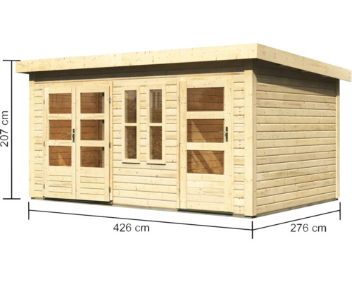 Holzgartenhaus mit Fenstern und Türen sowie Maßangaben
