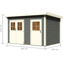 Gartenhaus aus Holz mit zwei Türen und Maßangaben