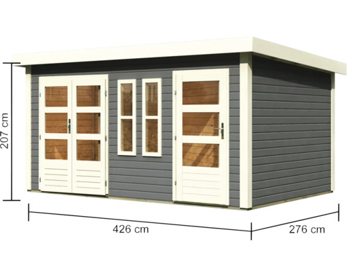 Gartenhaus mit Fenstern und Türen sowie Größenangaben