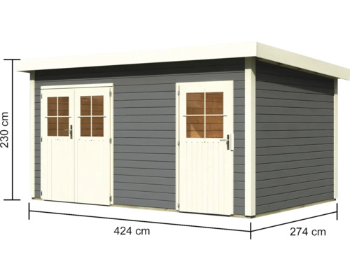 Abmessungen eines Gartenhauses mit zwei Türen und einer Höhe von 230 cm, einer Länge von 424 cm und einer Breite von 274 cm.