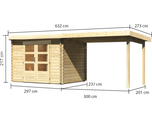 Abbildung eines Gartenhauses mit Carport und Maßangaben