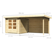 Abbildung eines Holzgartenhauses mit den Maßangaben.