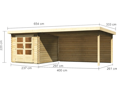 Abmessungen des Holzgartenhauses mit Vordach