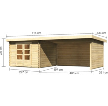 Gartenhaus Karibu Noorvik 5 inkl. Anbaudach 4 m, Rück- und Seitenwand 714 x 333 cm natur