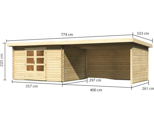Abbildung eines Gartenhauses mit Maßangaben.
