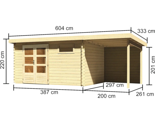 Holzgartenhaus mit überdachter Terrasse und Maßangaben