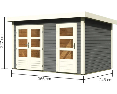 Gartenhaus mit Doppeltür und Einzeltür, Abmessungen 366 x 246 x 227 cm