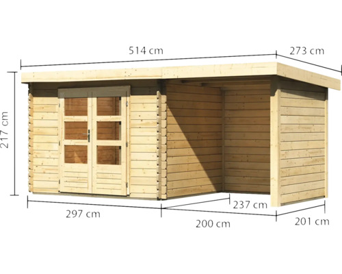 Holzgartenhaus mit Tür und Maßangaben