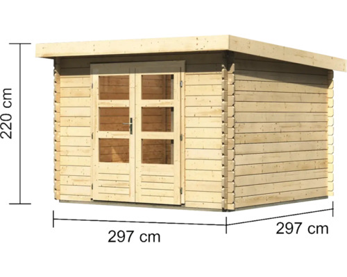 Gartenhaus aus Holz mit Doppeltür und den Maßen 220 mal 297 mal 297 Zentimeter.