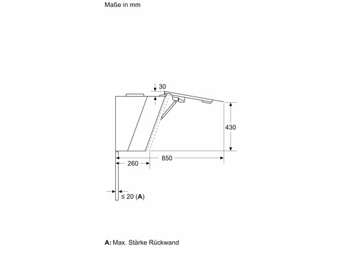 Maßzeichnung einer Dunstabzugshaube mit Angabe der Maße in Millimeter