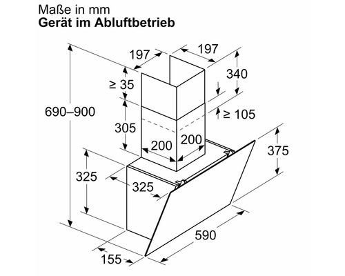 Maße einer Dunstabzugshaube im Abluftbetrieb in Millimeter