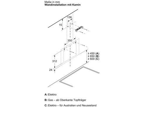 Wandinstallation mit Kamin Maße in Millimeter.