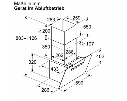 Maße einer Dunstabzugshaube im Abluftbetrieb in Millimeter
