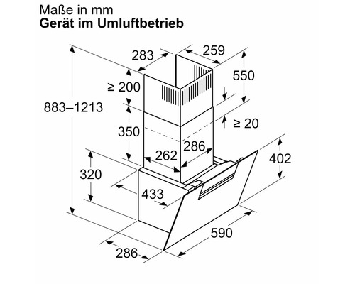 Maße der Dunstabzugshaube im Umluftbetrieb in Millimeter