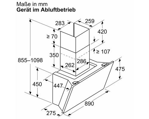 Maße einer Dunstabzugshaube für den Abluftbetrieb in Millimeter.