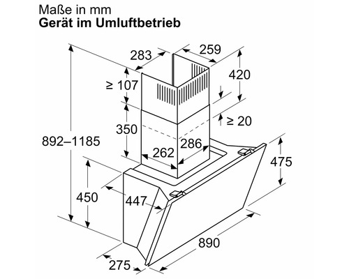 Maße der Dunstabzugshaube im Umluftbetrieb in Millimeter