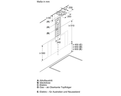 Technische Zeichnung mit Maßangaben für eine Dunstabzugshaube und ihre Installation.