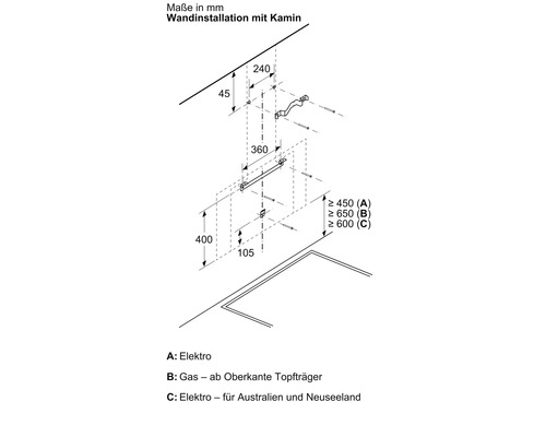 Diagramm einer Wandinstallation mit Kamin, Maße in Millimeter