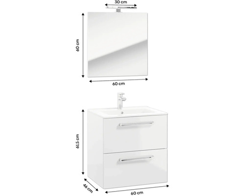 Waschtischkombination mit Spiegel, Unterschrank und zwei Schubladen, Maße sind angegeben