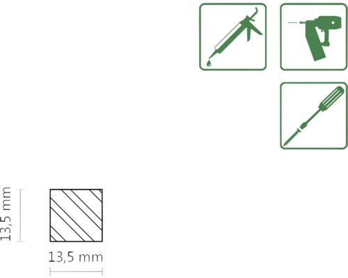 Symbolbild zur Verarbeitung mit Klebstoff, Nagelpistole und Schraubendreher sowie Angabe der Maße 13,5 mm.