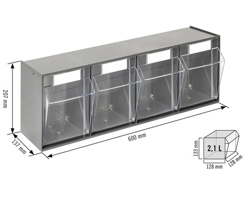 Regal mit vier transparenten Boxen und Maßangaben