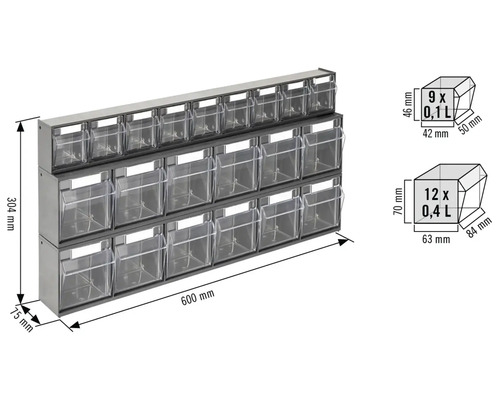 Aufbewahrungssystem mit transparenten Boxen zur Lagerung von Kleinteilen