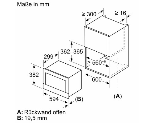 Technische Zeichnung eines Einbau-Mikrowellengeräts mit Maßangaben in Millimetern.