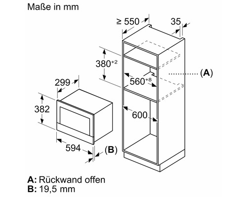 Maße des Einbaugeräts und des passenden Schranks in Millimeter
