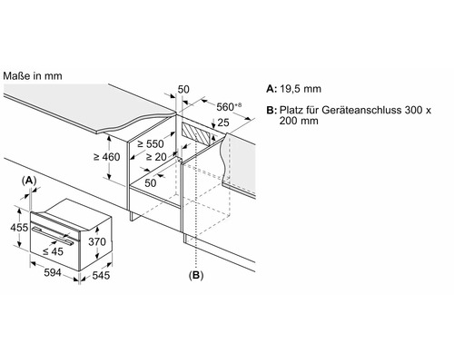 Einbauskizze eines Ofens mit Maßen in Millimeter